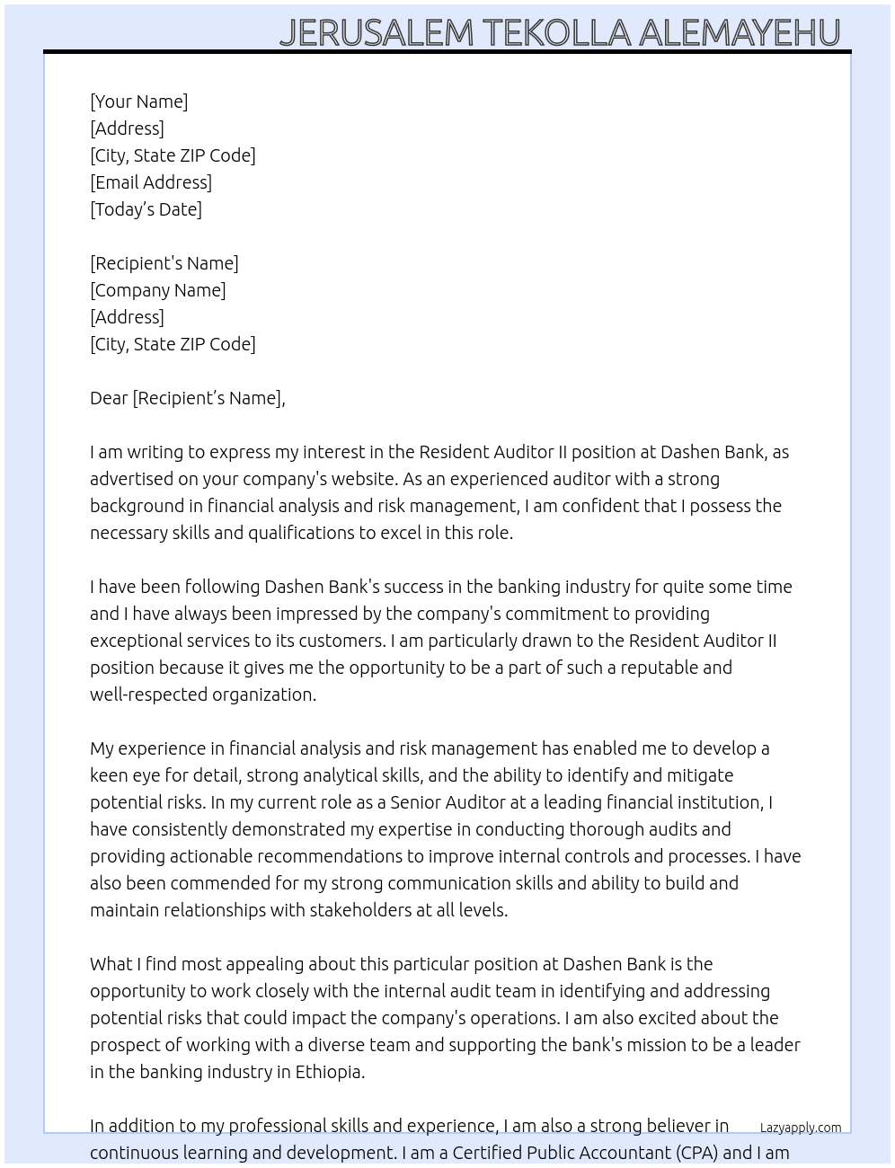 Resident Auditor ll  At Dashen Bank  Cover Letter