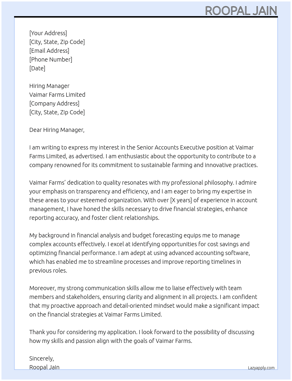Senior Accounts Executive At Vaimar Farms Limited Cover Letter