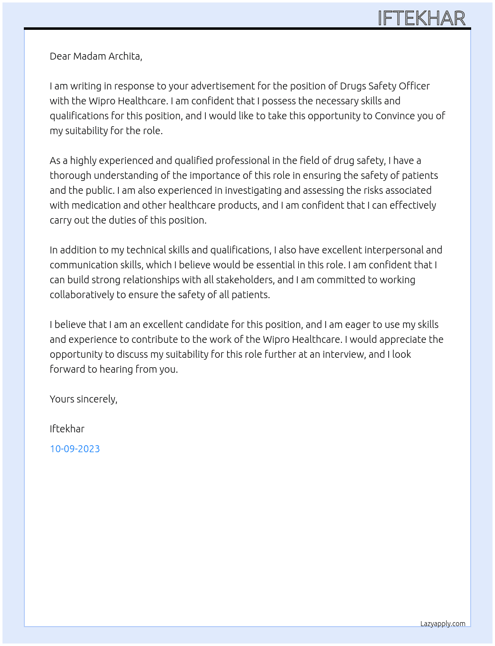 Drugs safety accociation At Wipro Healthcare  Cover Letter