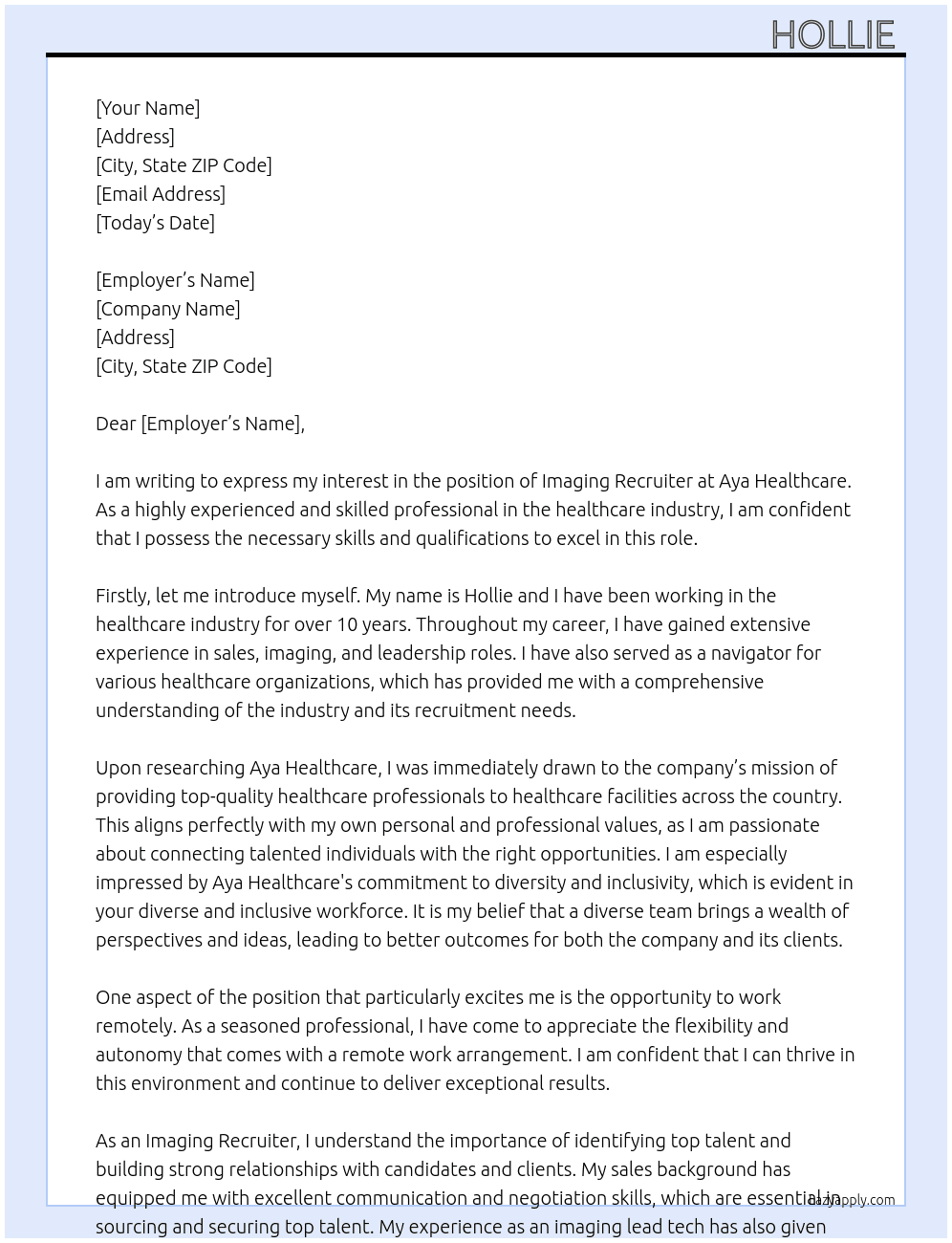 Imaging recruiter  At Aya Healthcarw  Cover Letter