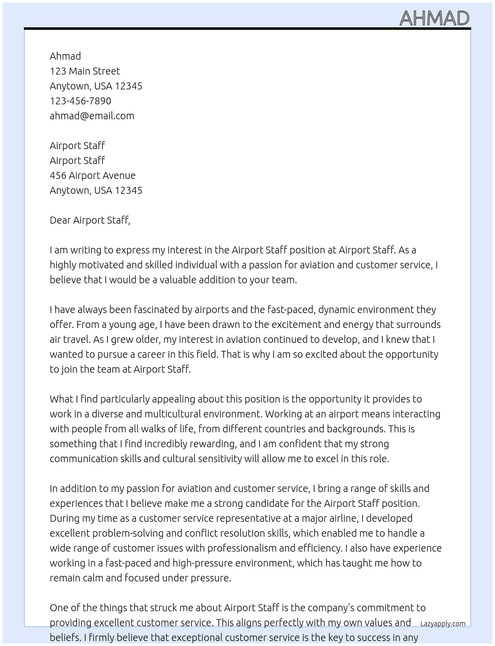 Airport staff At Airport staff Cover Letter