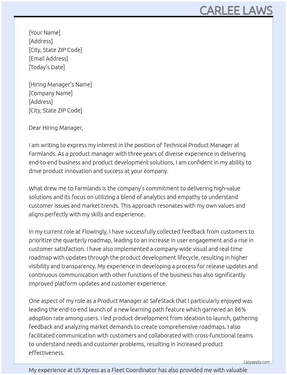 Technical Product Manager At Farmlands Cover Letter