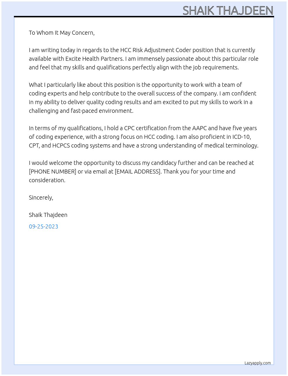 HCC Risk Adjustment Coder At Excite Health Partners Cover Letter