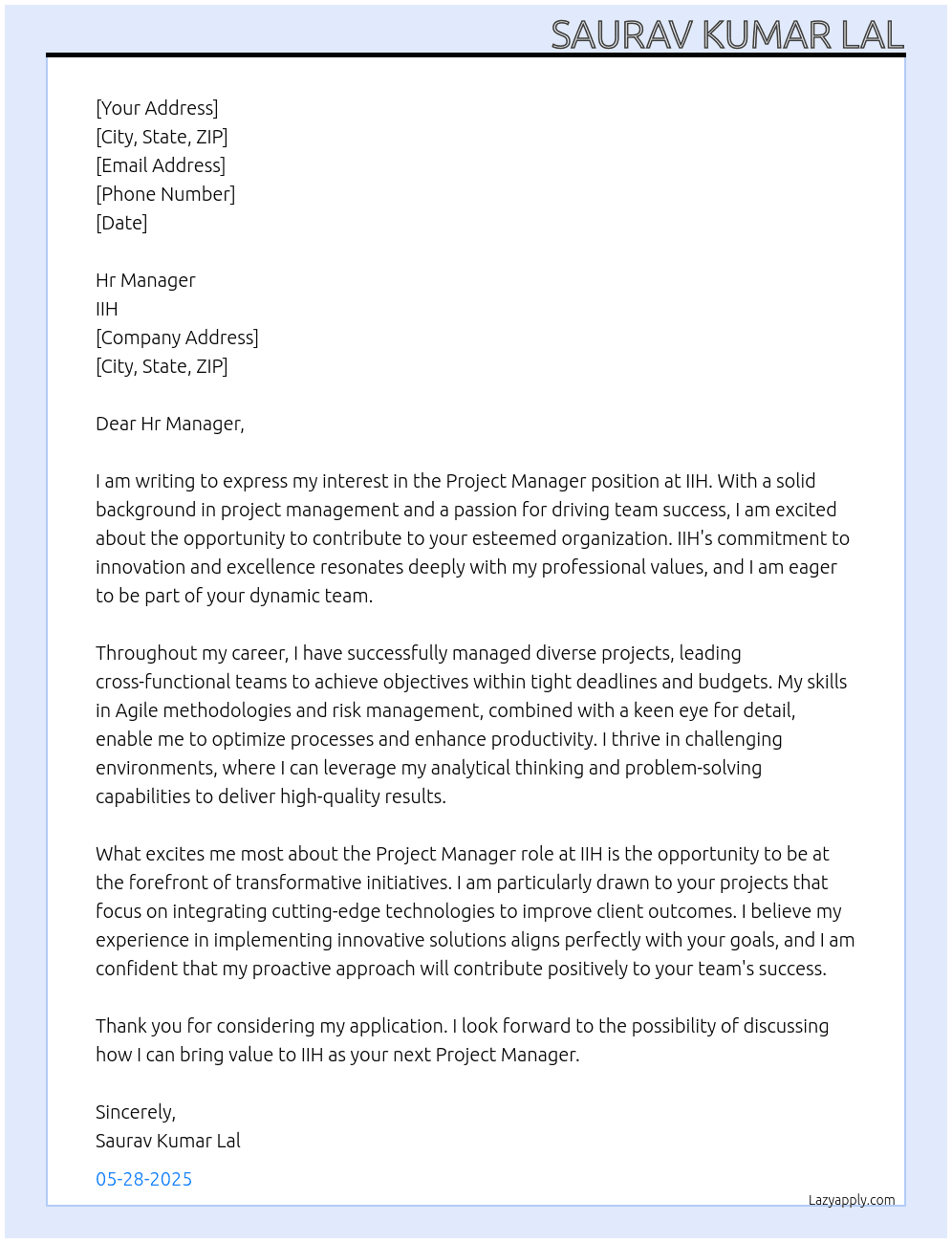 Project Manager At IIH Cover Letter