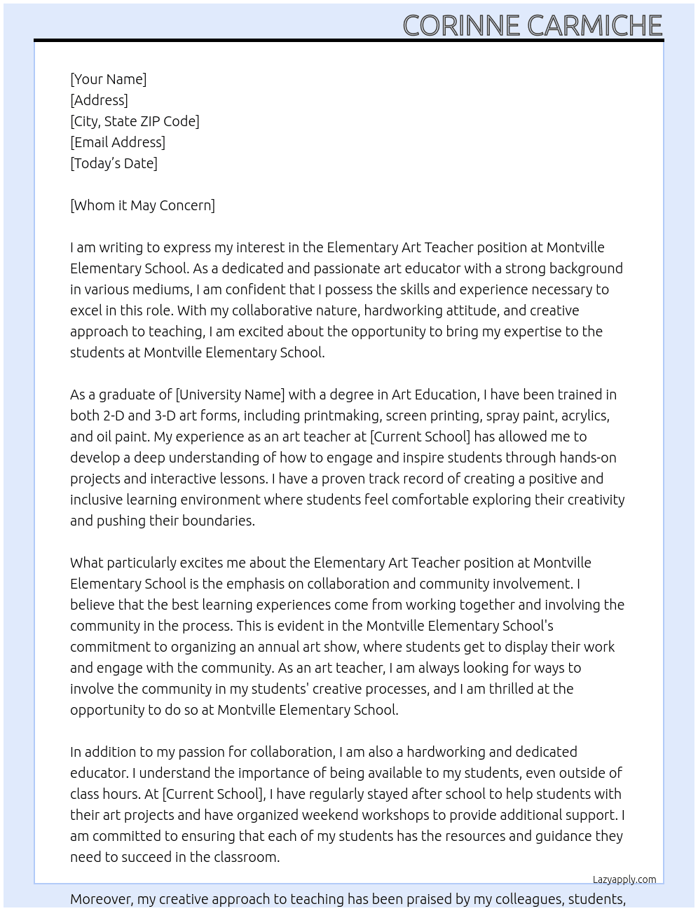 Elementary Art Teacher At Montville Elementary School Cover Letter