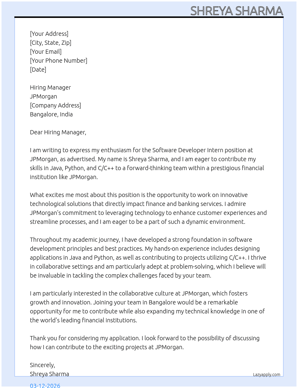 Software Developer At JPMorgan Cover Letter
