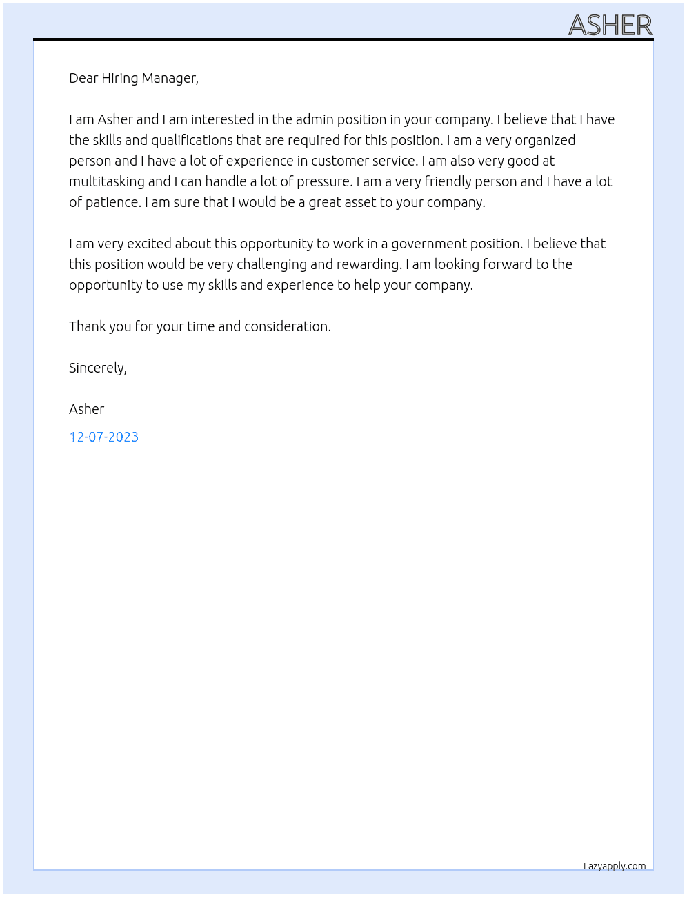 admin At governmetn Cover Letter