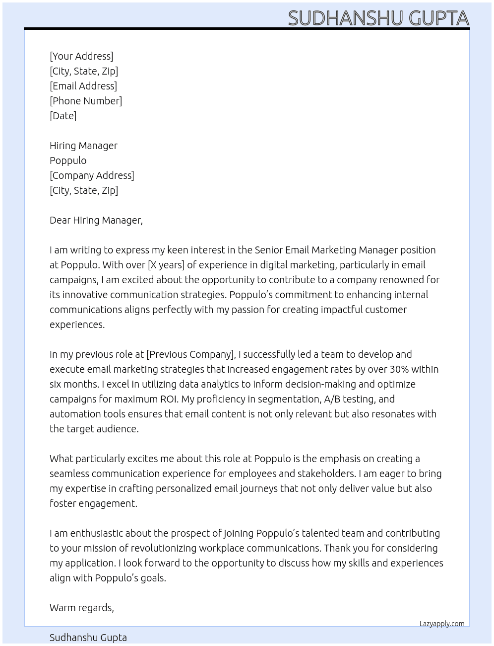 Senior Email Marketing Manager  At Poppulo Cover Letter