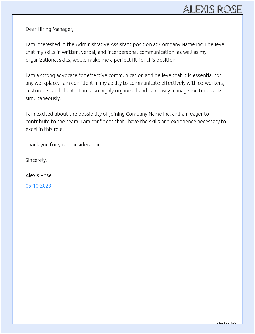 Administrative Assistant  At Company Name Inc. Cover Letter