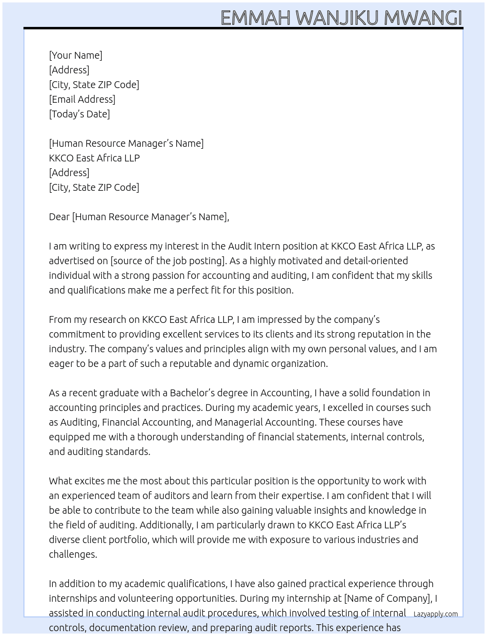Audit intern At KKCO East Africa LLP Cover Letter