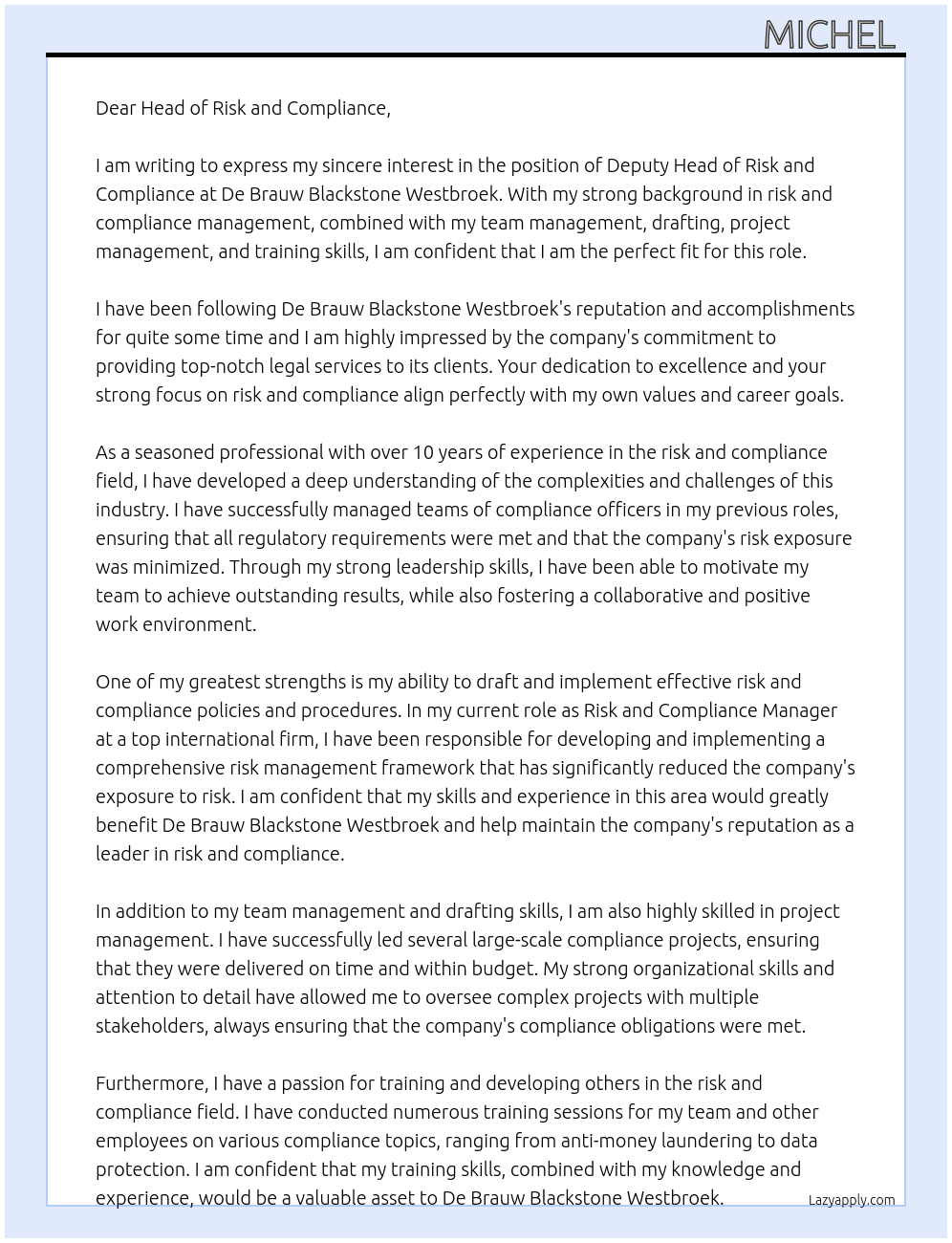DEPUTY HEAD RISK & COMPLIANCE At De Brauw Blackstone Westbroek Cover Letter
