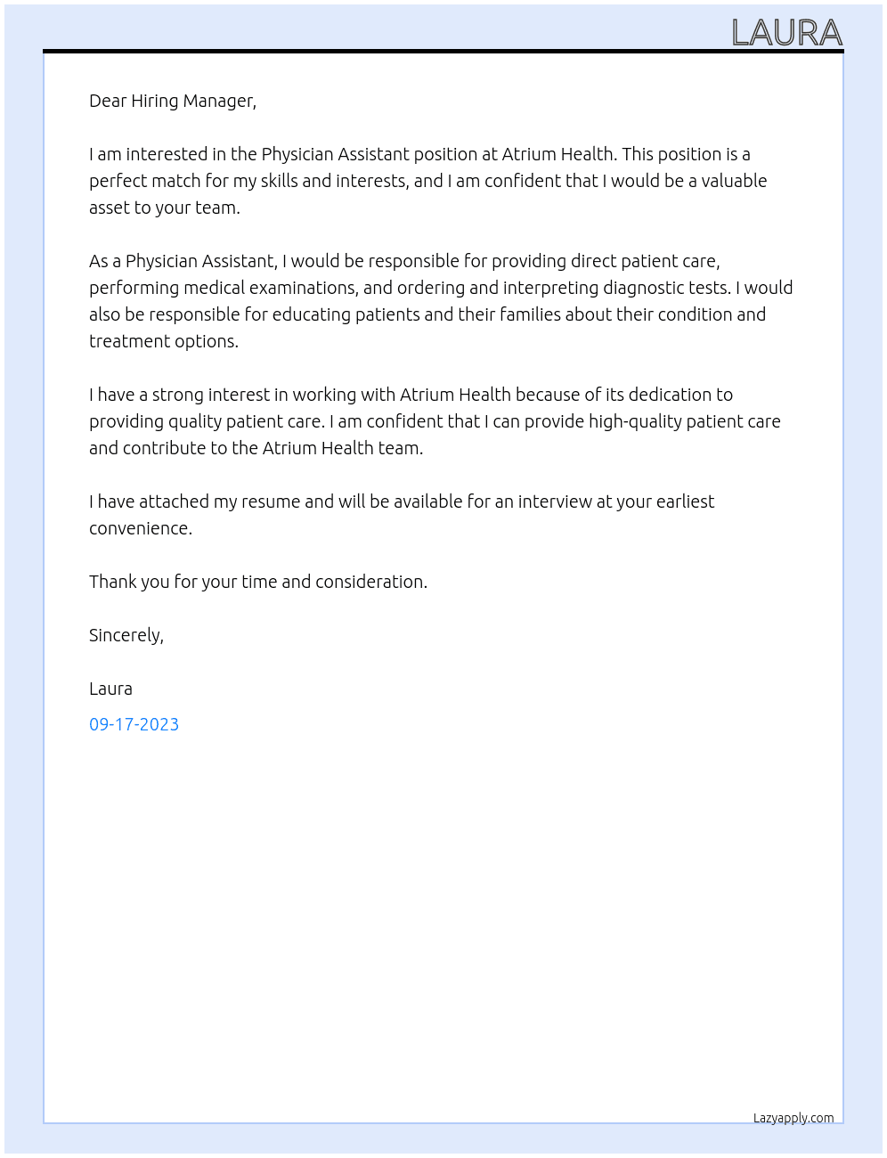 Physician Assistant  At Atrium Health Cover Letter