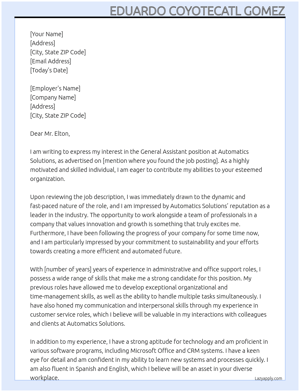 General assistant  At Automatics Solutions Cover Letter