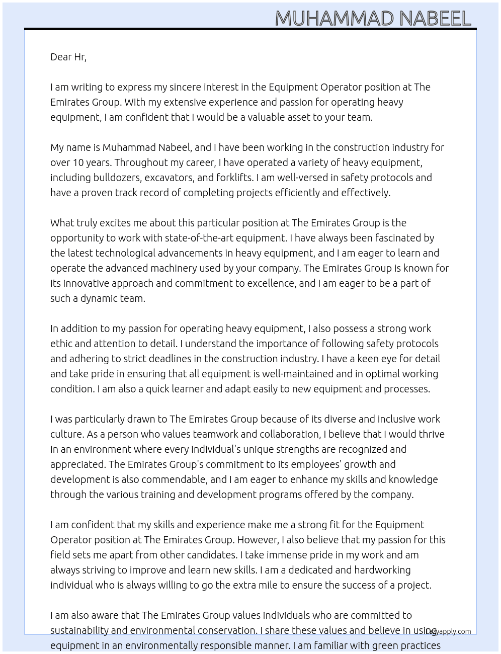 Equipment Operator  At Tha Emirates Group  Cover Letter