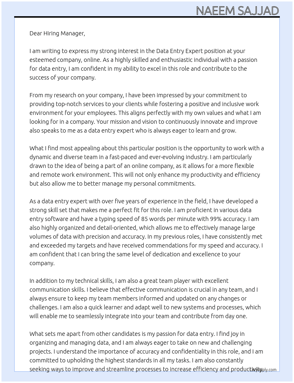 Data Entry Expert At online Cover Letter