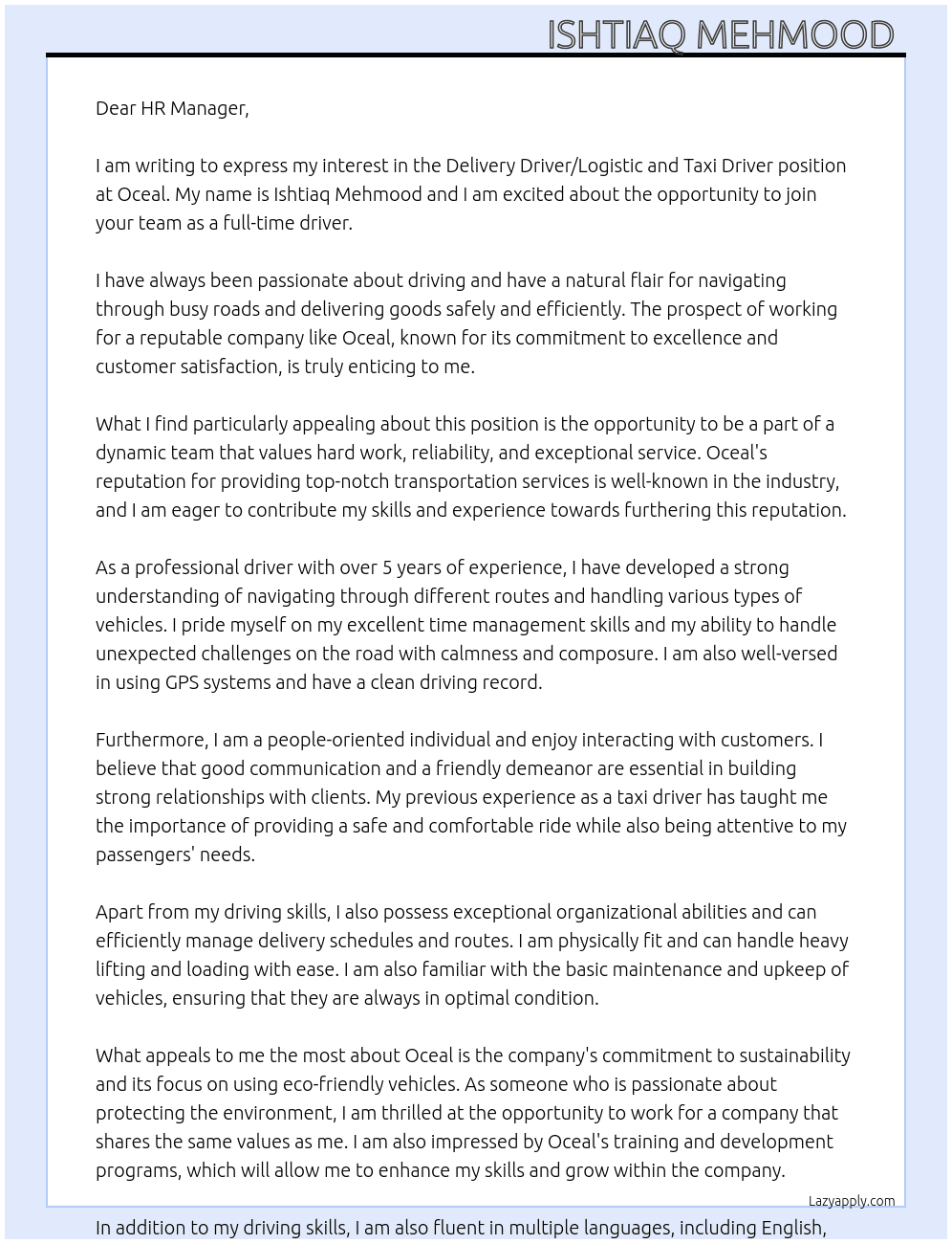 Delivery driver.logistic, taxi driver At Oceal Cover Letter