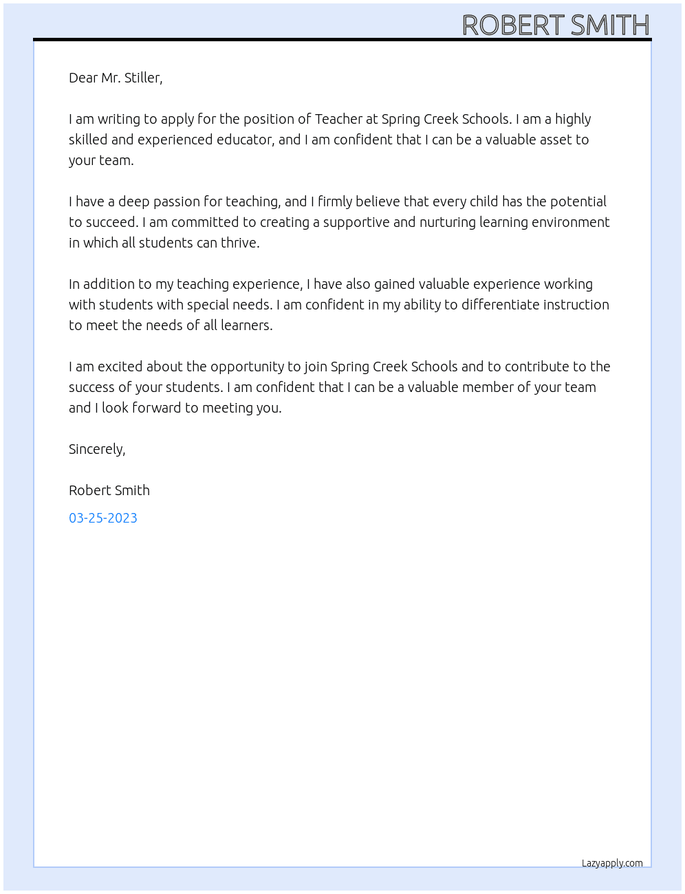 Teacher At Spring Creek Schools Cover Letter