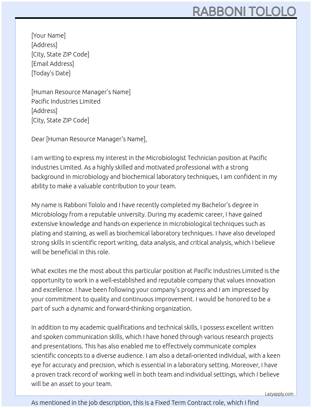 Microbiologist Technician At Pacific Industries Limited Cover Letter