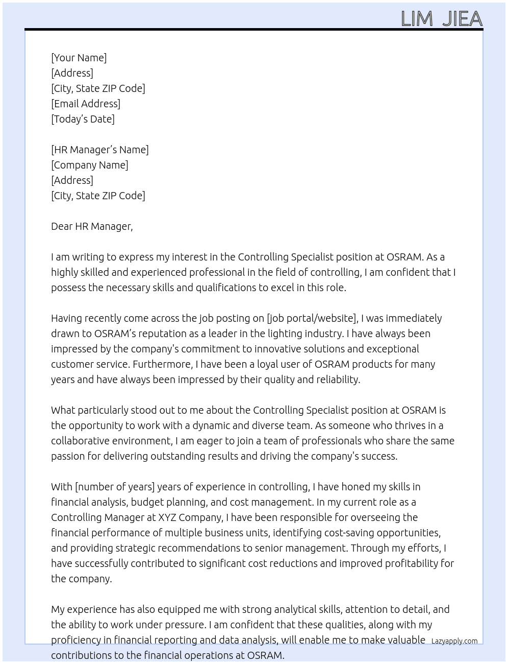 Controlling Specialist At OSRAM Cover Letter