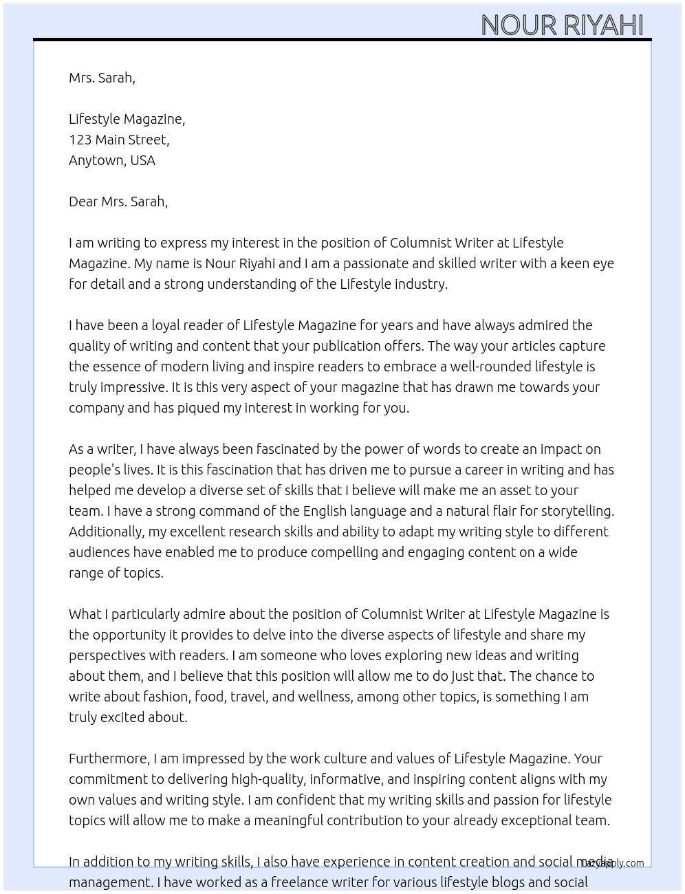 collummest  writer  At lifstyle magazine  Cover Letter