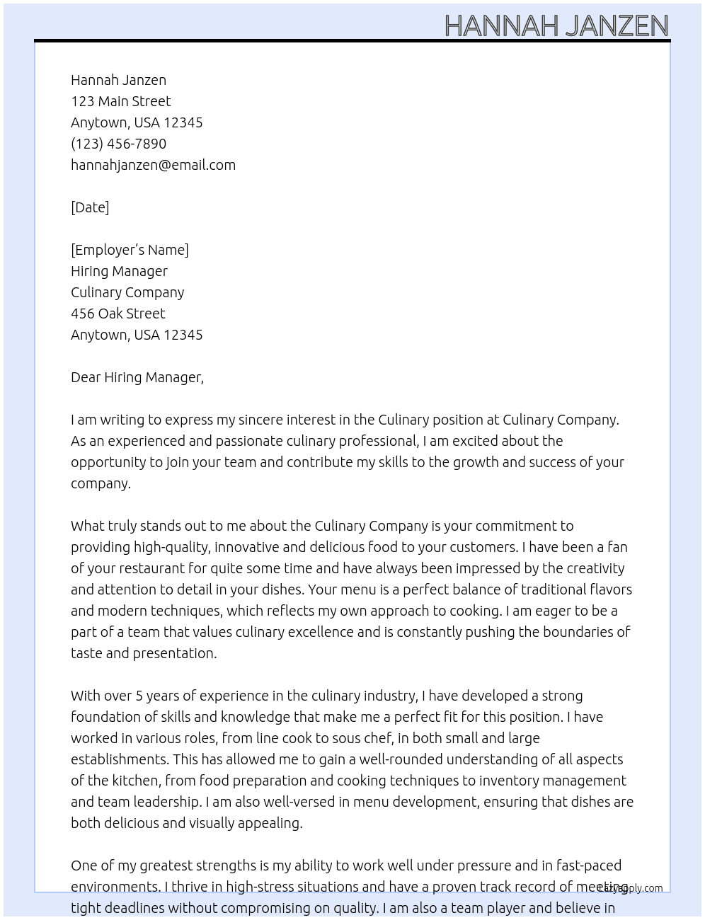 culinary At culinary Cover Letter