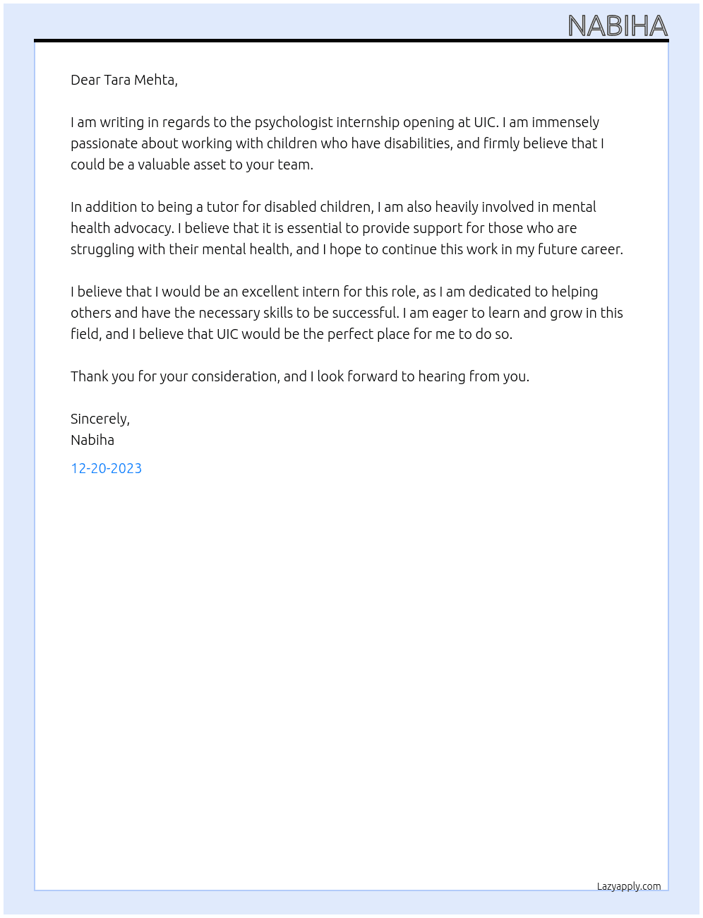 psychologist internship At UIC Psychologist  Cover Letter