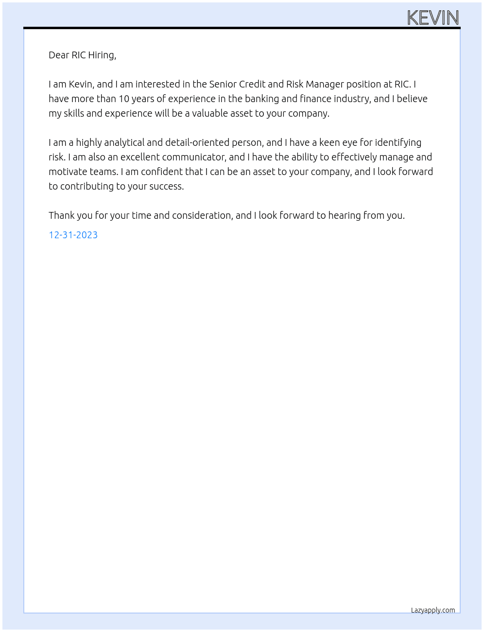 Senior Credit and Risk Manager At RIC Cover Letter
