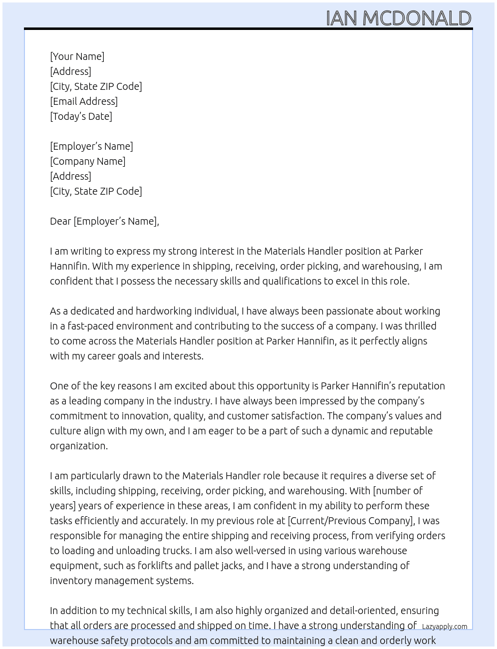 Materials Handler At Parker Hannifin Cover Letter
