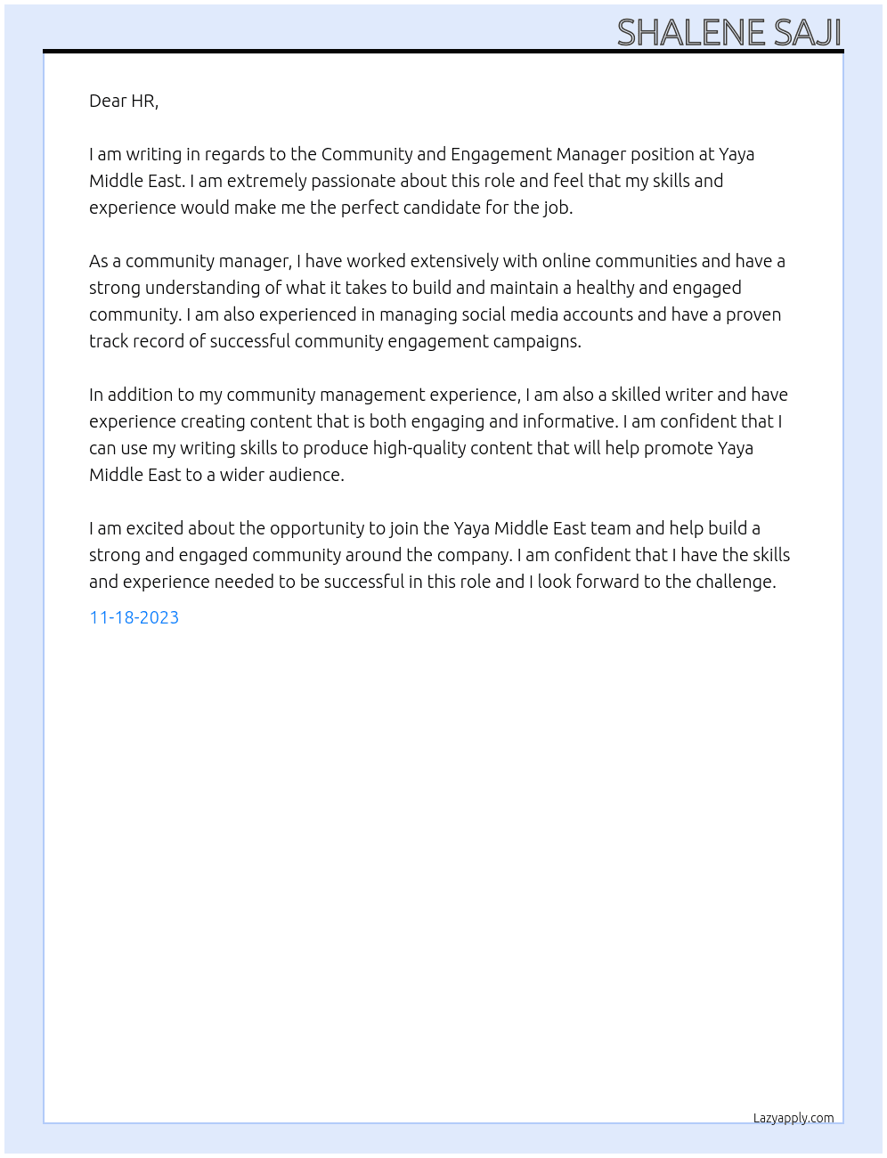 Community and Engagement Manager At Yaya Middle East Cover Letter