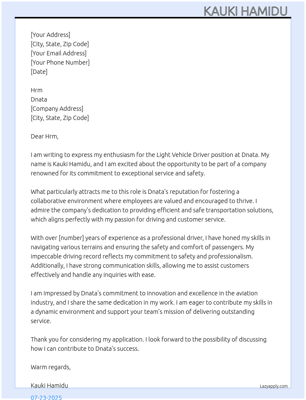 Cover letter for job light vehicle driver - LazyApply