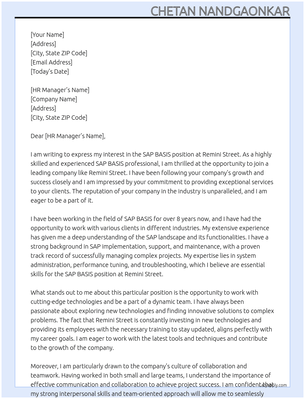 SAP BASIS At Remini Street Cover Letter