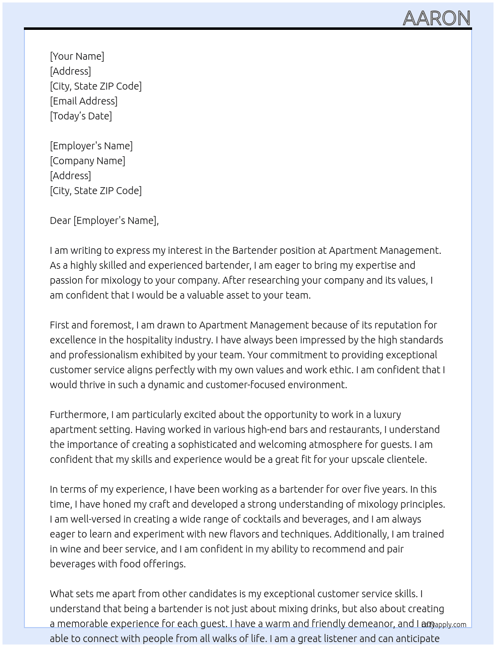 Bartender At Apartment Management   Cover Letter