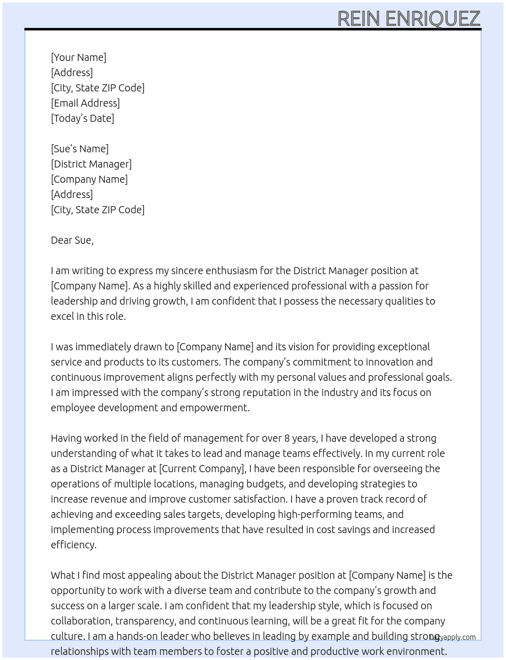 District Manager At District Manager Cover Letter