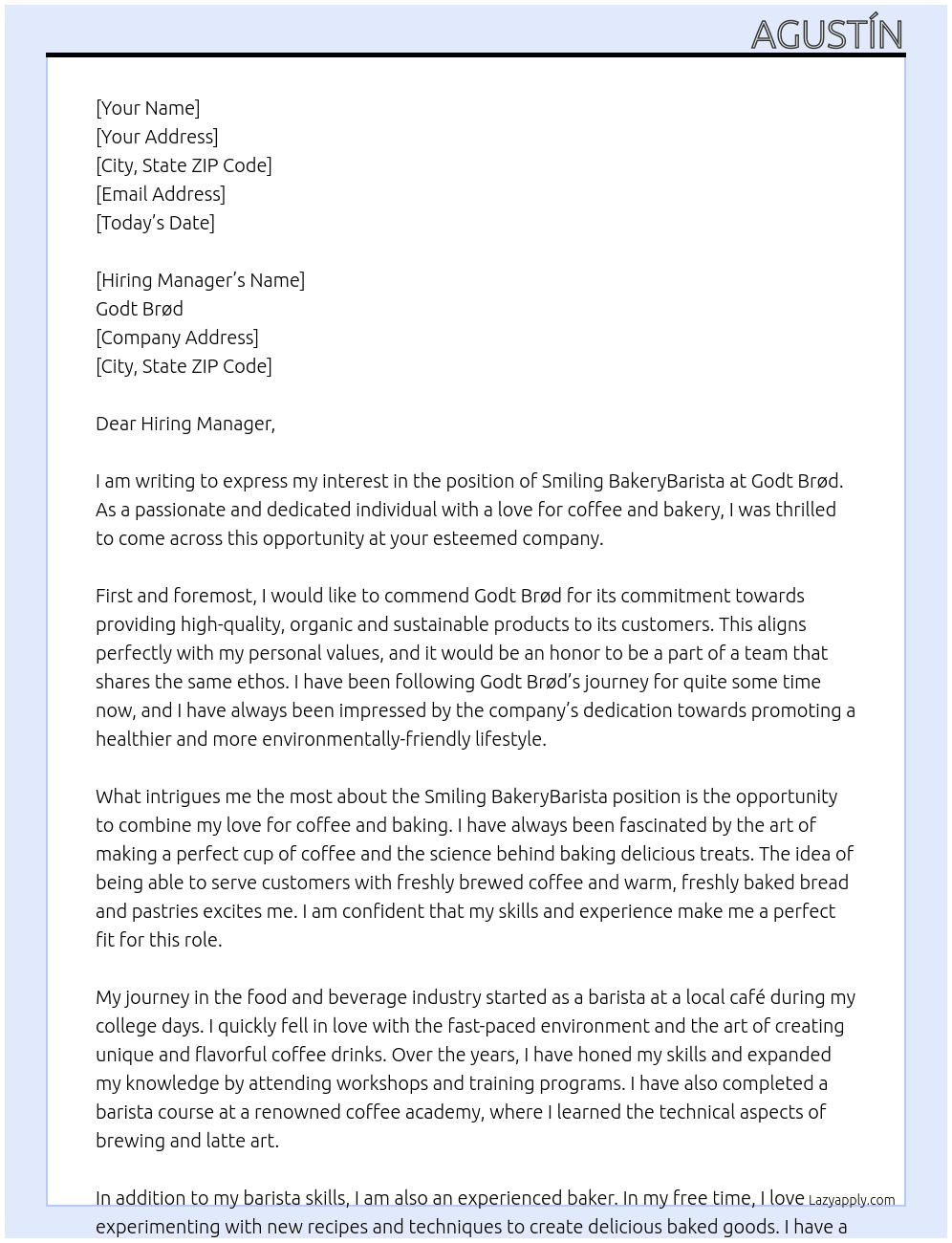 Smiling BakeryBarista At Godt Brød Cover Letter