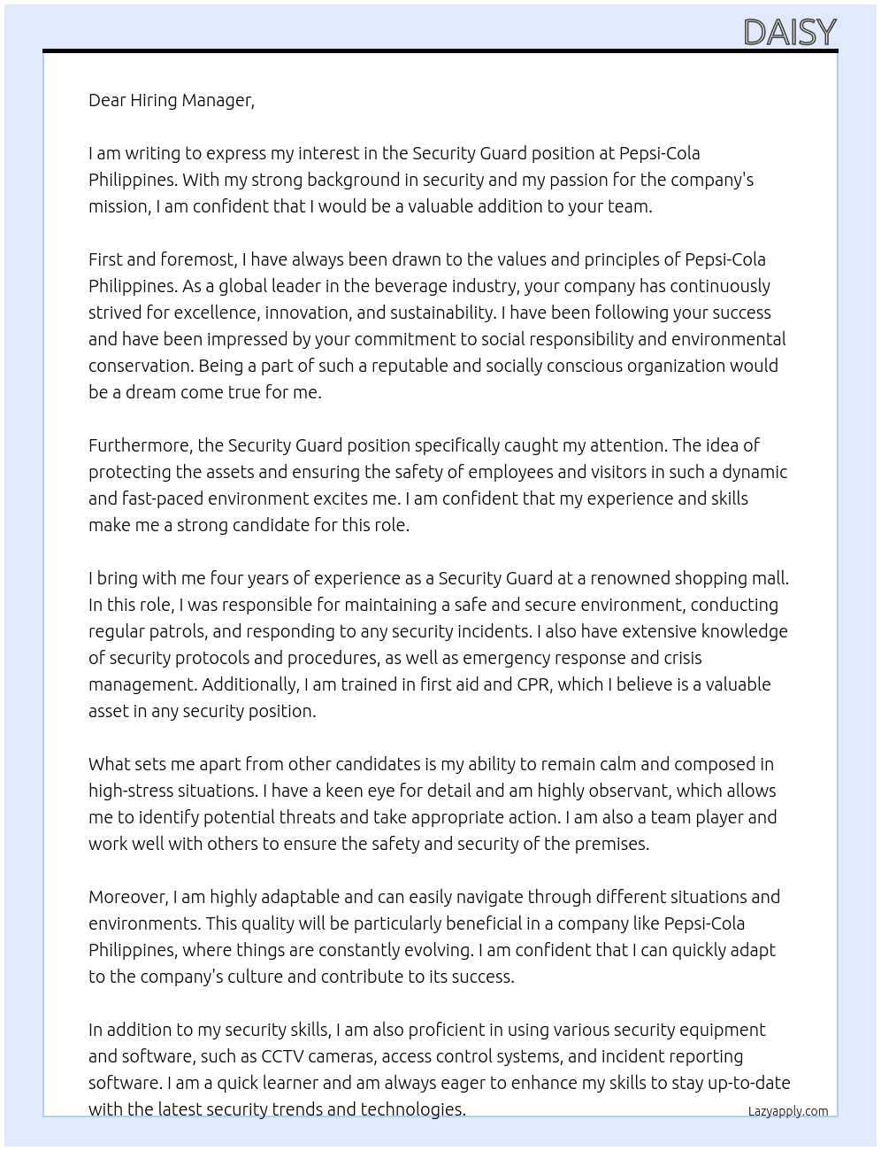 Security Guard At Pepsi-Cola Philippines Cover Letter
