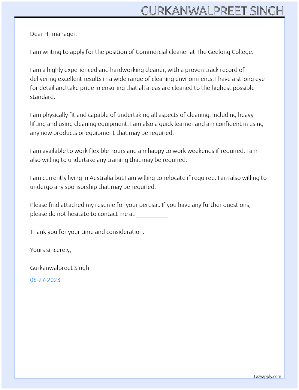 Commercial cleaner At The Geelong College Cover Letter