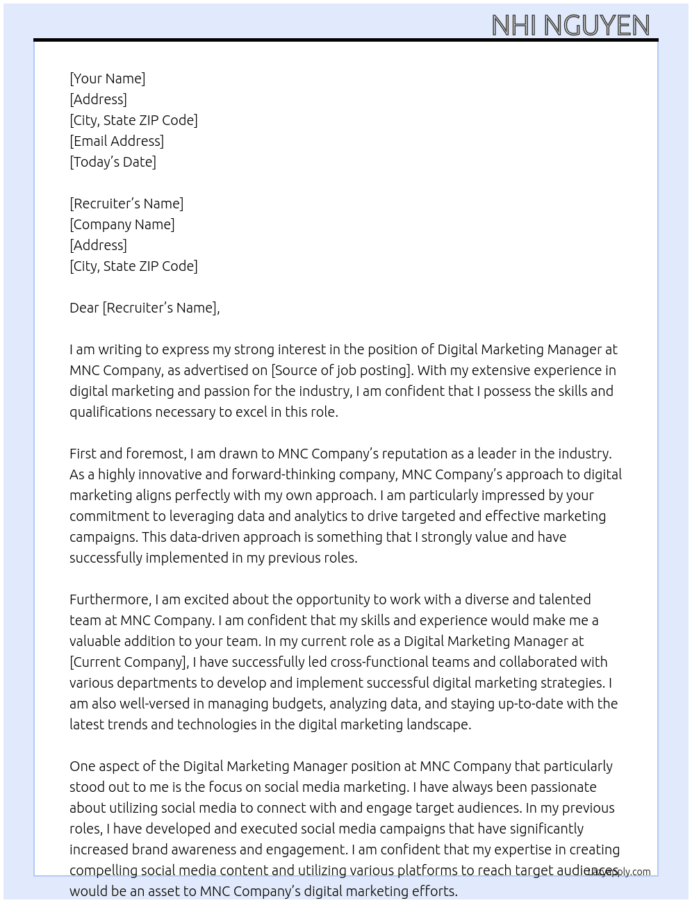 Digital Marketing Manager At MNC Company  Cover Letter
