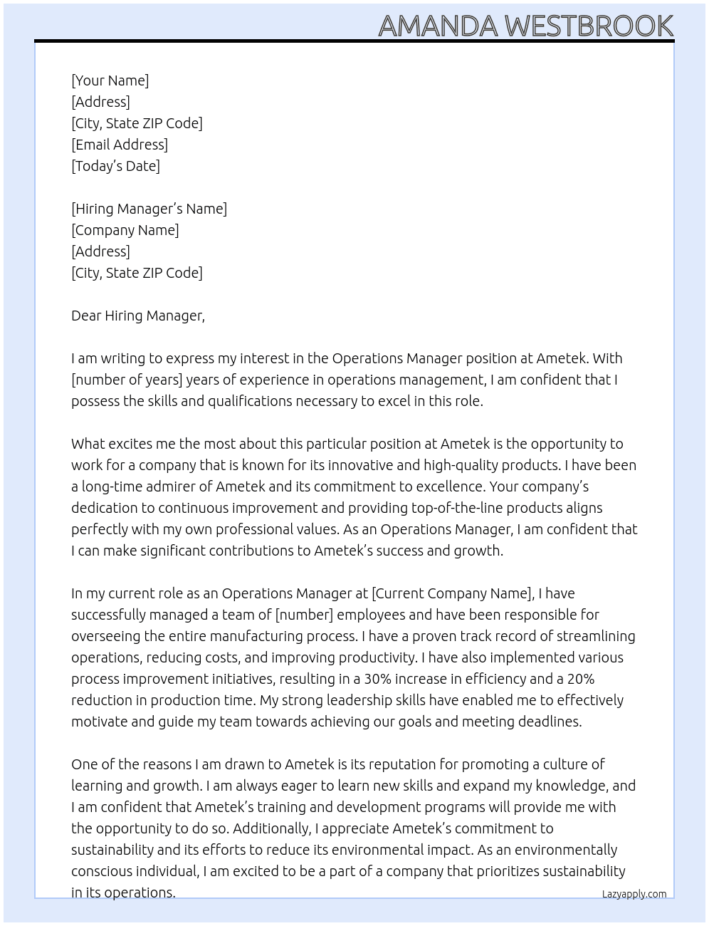 Operations manager At Ametek Cover Letter