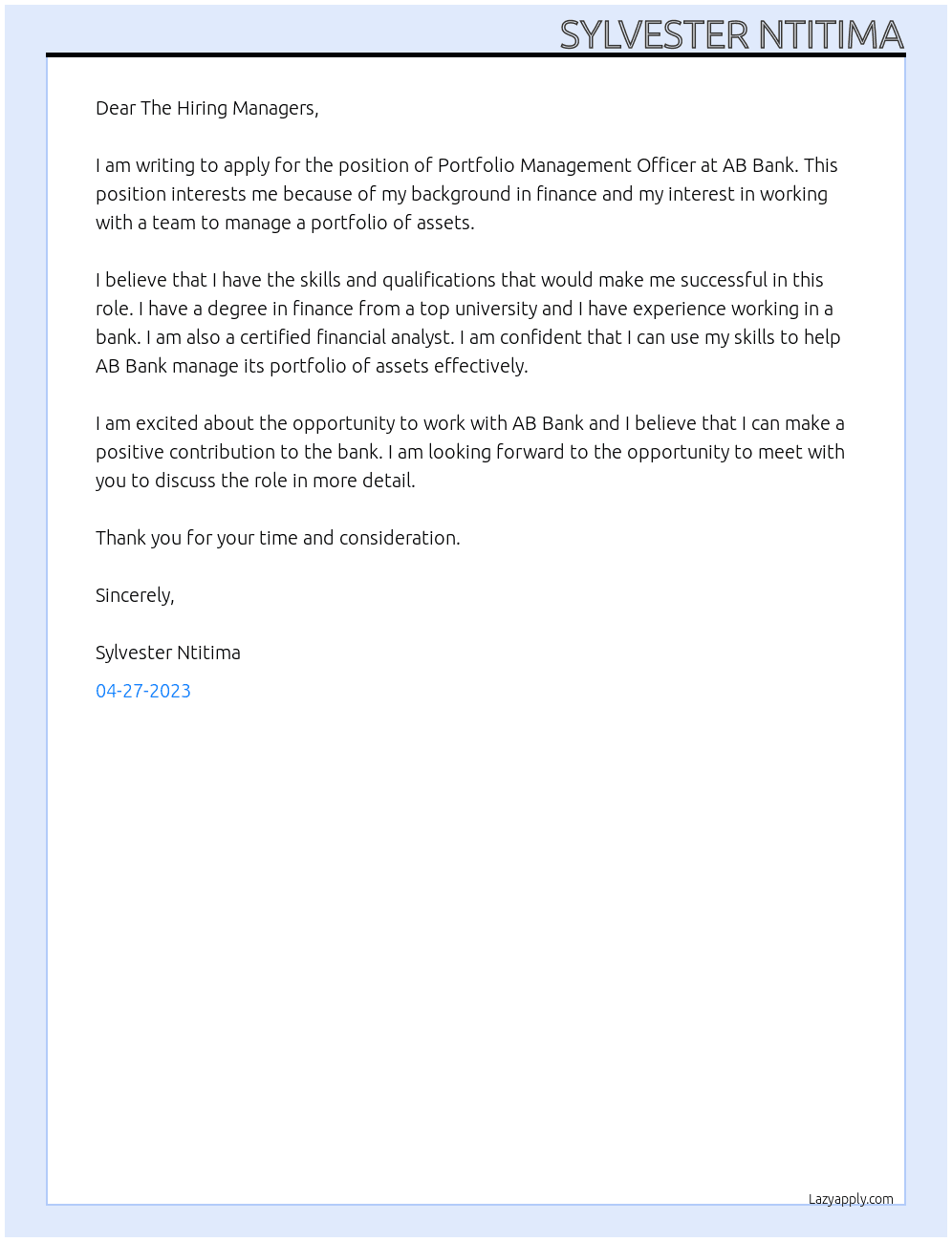 Portfolio Management Officer At AB Bank  Cover Letter