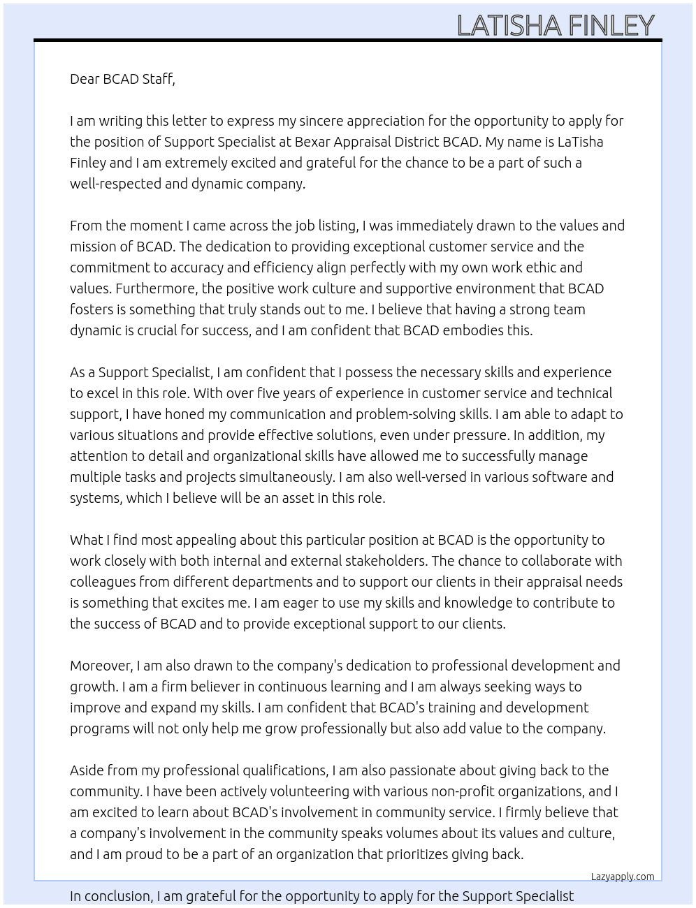 Support Specialist  At Bexar Appraisal District BCAD Cover Letter