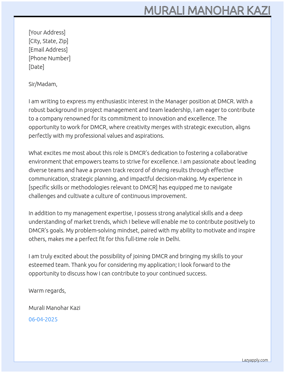 Manager At DMCR Cover Letter