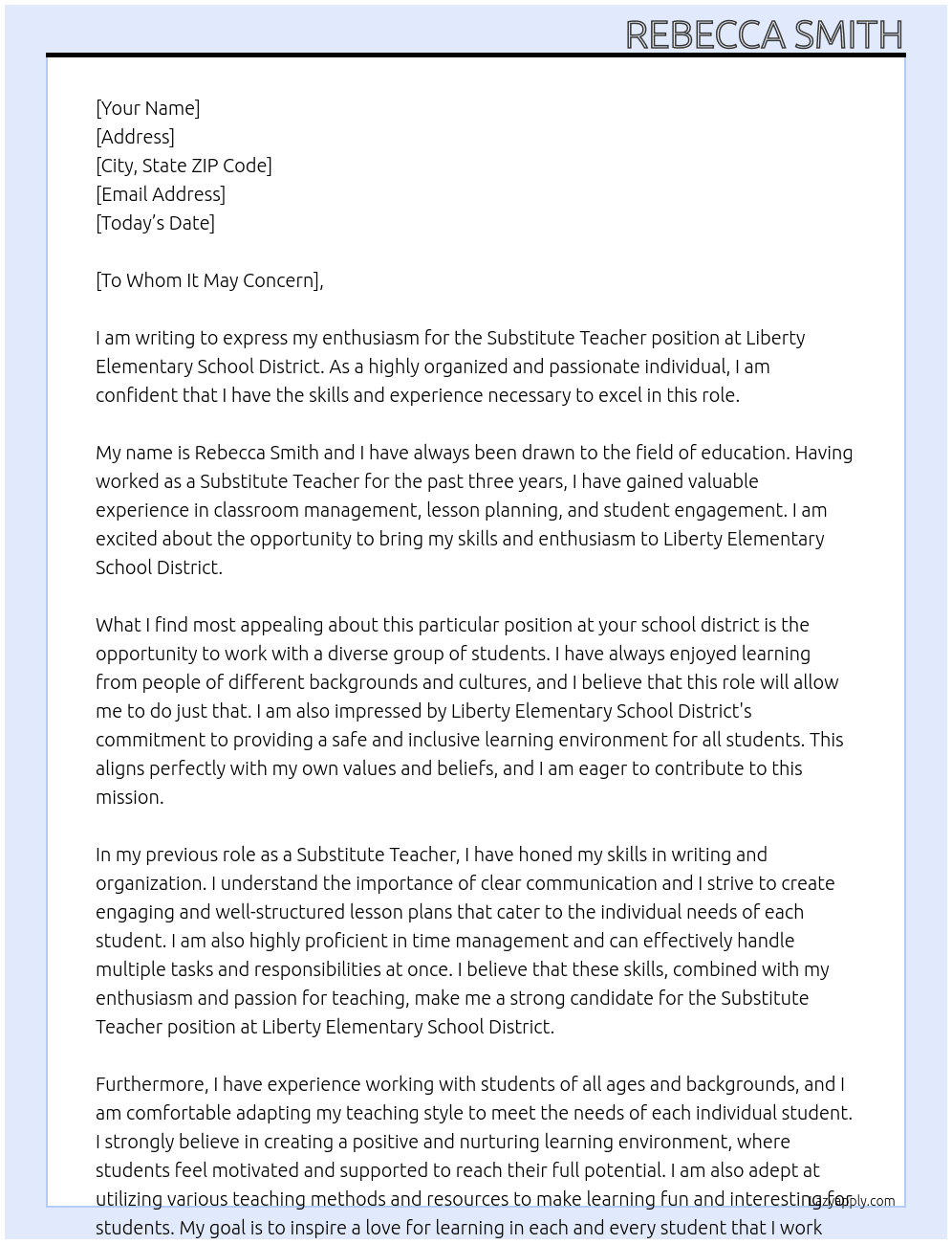 Substitute teacher At Liberty Elementary School District Cover Letter