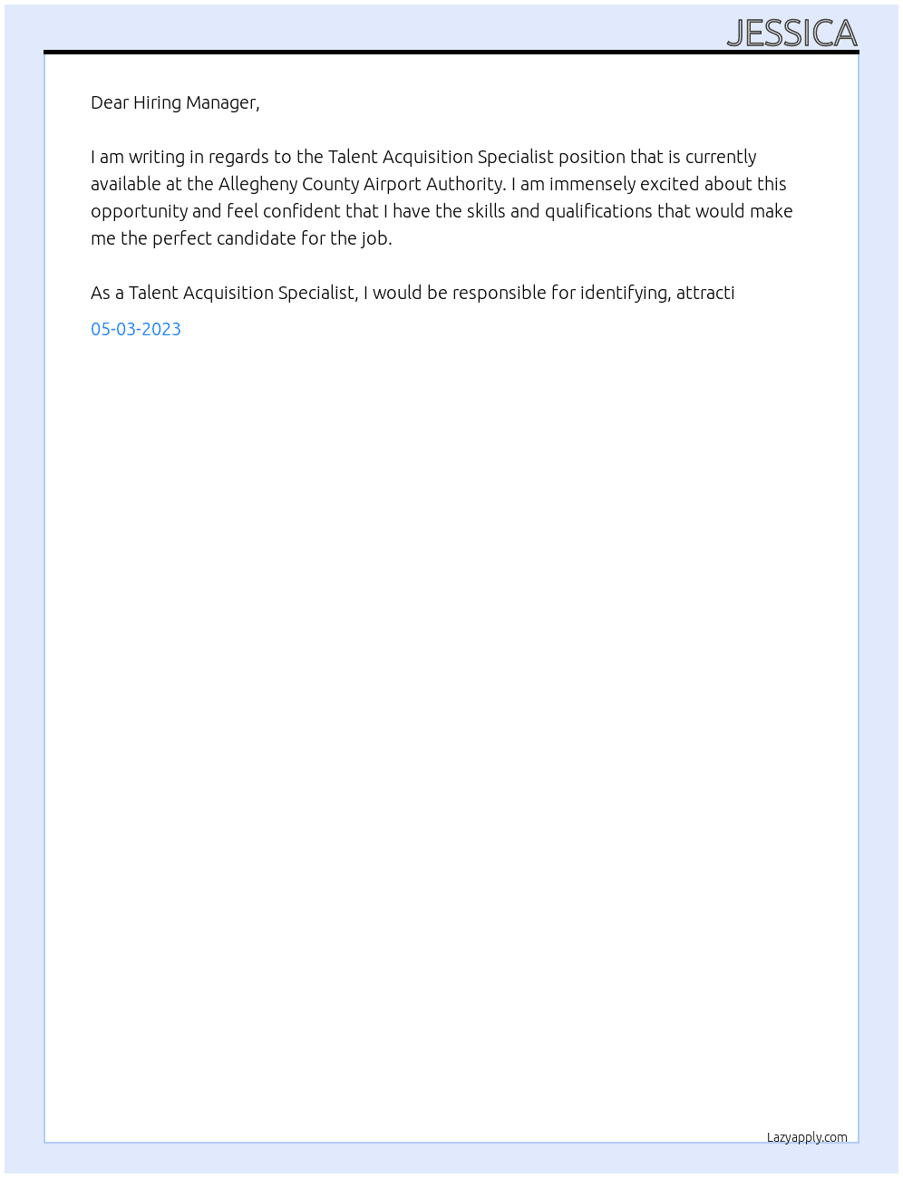Talent Acquisition Specialist At Allegheny County Airport Authority Cover Letter