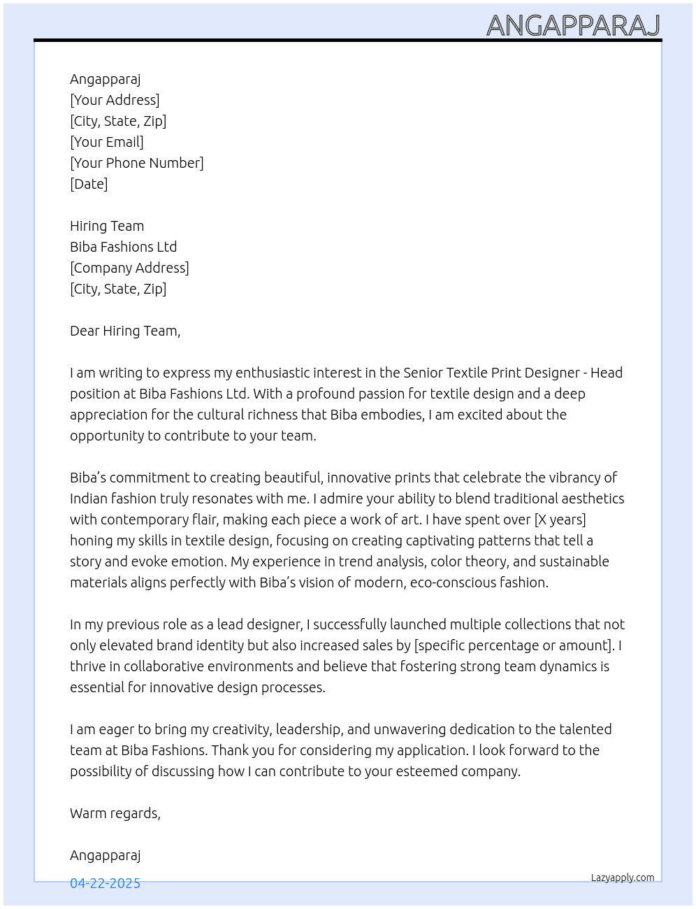 Senior textile print designer - Head At Biba fashions Ltd Cover Letter