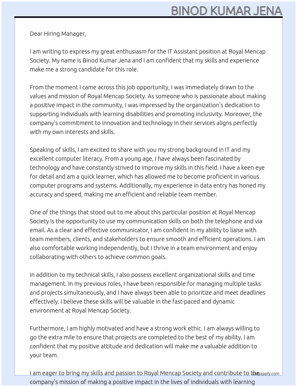 IT Assistant At Royal Mencap Society Cover Letter