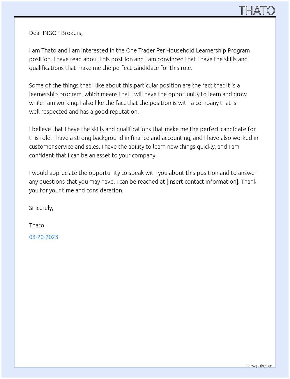 One Trader Per Household Learnership Program At INGOT Brokers Cover Letter
