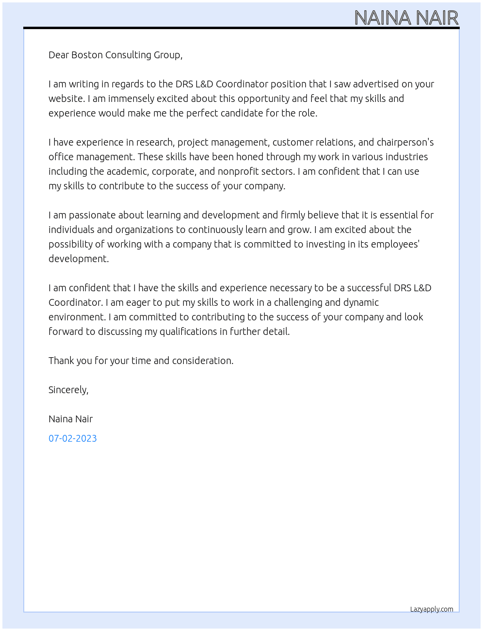 Cover letter for drs l&d coordinator - LazyApply
