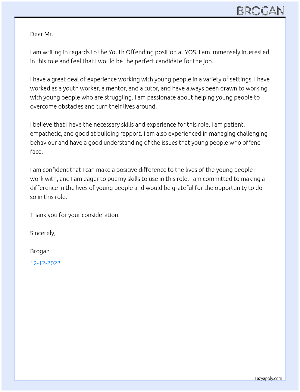 Youth Offending  At YOS Cover Letter