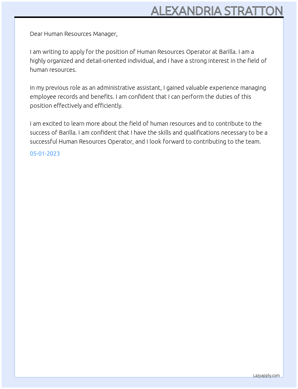 Human Resources Operator At Barilla Cover Letter
