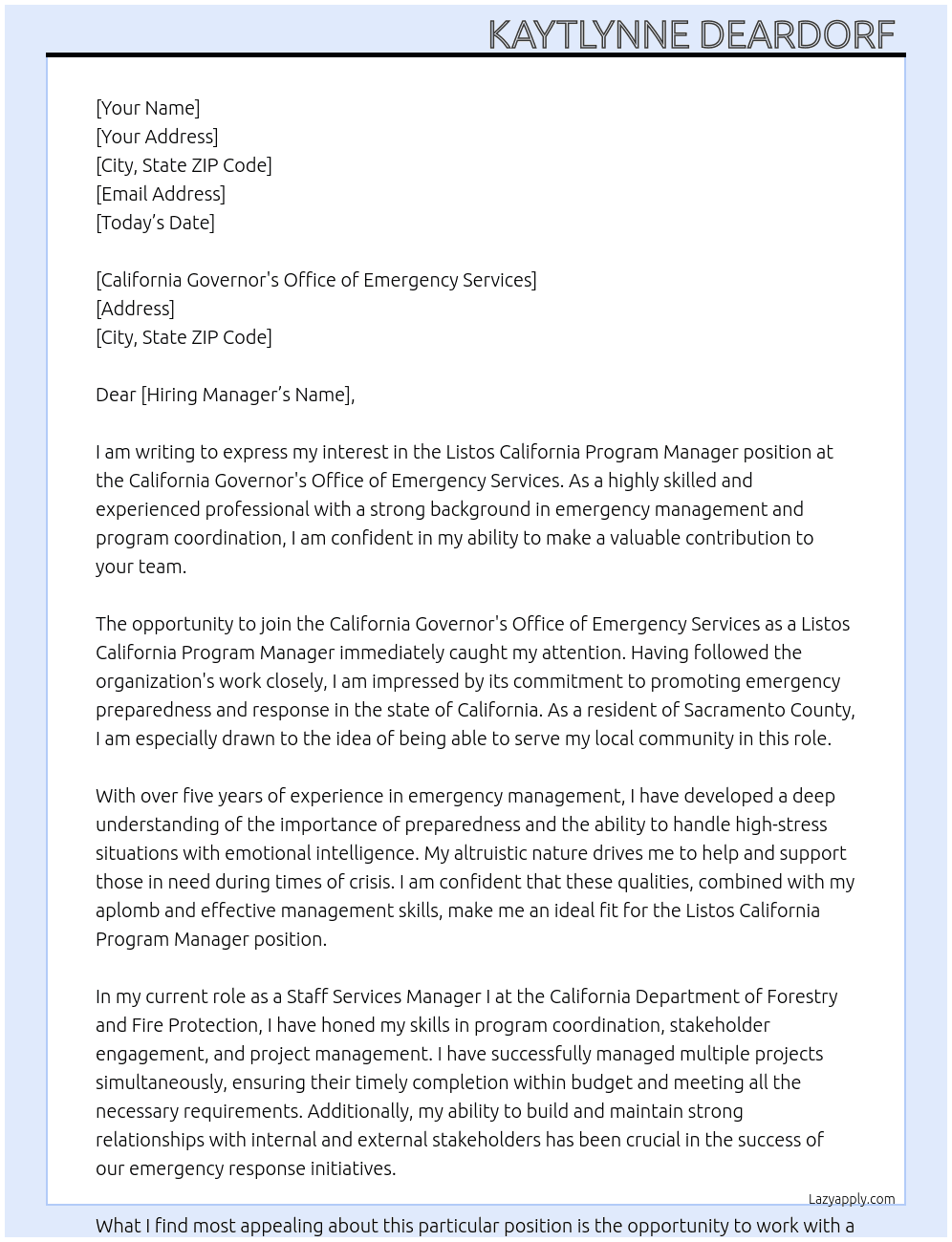 Listos California Program Manager At California Governor's Office of Emergency Services Cover Letter